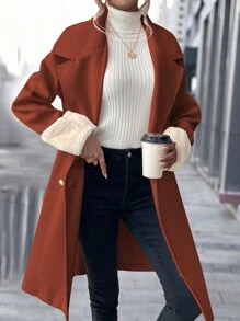 SHEIN Essnce 女式翻領雙排扣呢子大衣 - 摩卡棕 - 查看 3