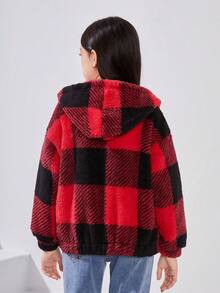SHEIN Áo khoác lông cừu kẻ sọc hai mặt thông thường của Tween cho bé gái cho mùa thu đông - Đỏ - Xem 2