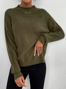 SHEIN Essnce 高領斜肩軸毛衣 - 軍綠色 - 查看 3