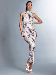 SHEIN BAE Của phụ nữ In hoa Báo Đứng cổ áo Váy không tay - Màu tím - Xem 5