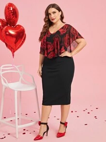 SHEIN Clasi Bloemenpatroon Korte Mouw Plus Size Lente Bruidsjurk, Valentijnsdag
