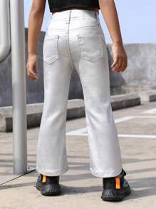 Young Girls Fashionable Silver Elastic Comfortable Denim Flared Pants - Silver - View 2