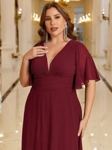 SHEIN Belle Plus Plunging Neck Butterfly Sleeve Chiffon Bridesmaid Dress - Burgundy - View 3