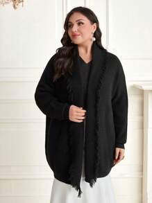 Mulvari Cárdigan de talla grande con hombros caídos y flecos - Negro - Ver 4