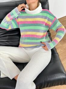 EURMUSE Ladies' Colorful Striped High Neck Sweater And Knitted Pants Set - Multicolor - View 1