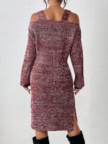 SHEIN LUNE Abito maglione con spalle scoperte orlo a fessura senza cintura - Moka Marrone - Visualizzare 2