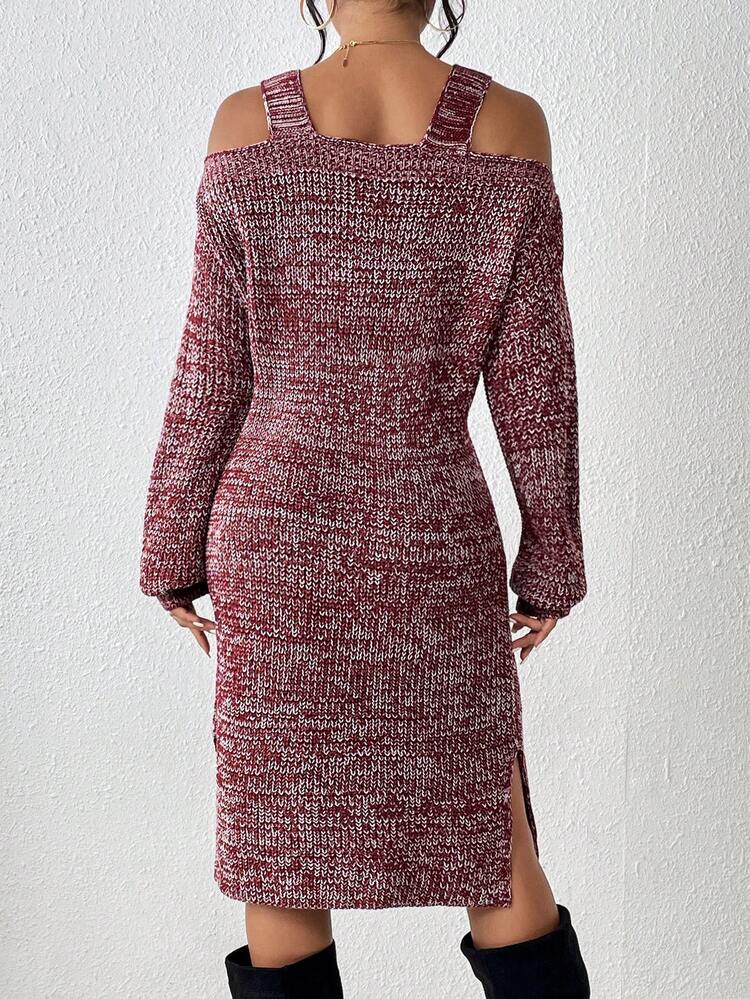 Cold Shoulder Split Hem Sweater Dress Without Belt