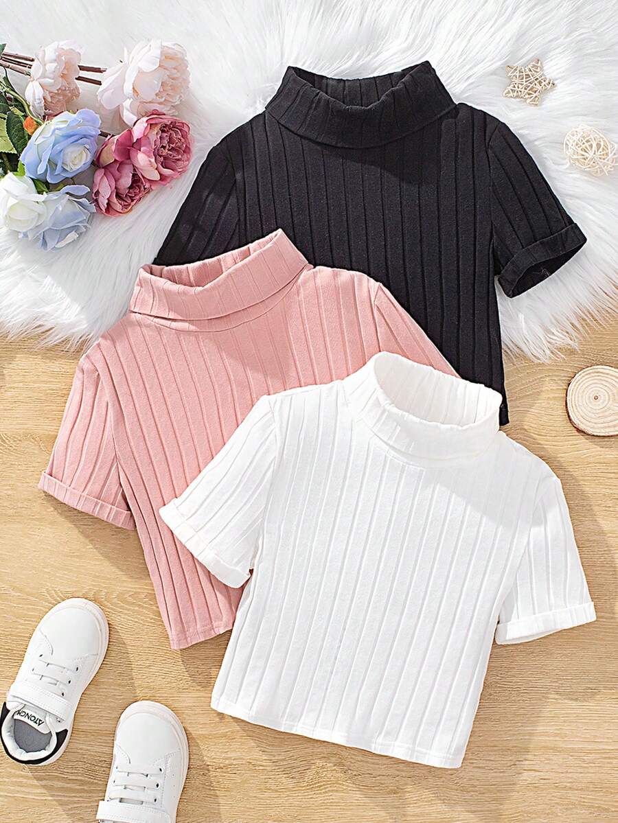 3pcs/set Tween Girls' Sweet & Cool Solid Knit Short Sleeve T-shirt With Mock Neck For Daily Wear - White - View 1