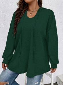 Plus Size Drop Shoulder Drawstring Sweatshirt - Dark Green - View 4