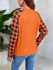 SHEIN LUNE 女用格紋拼布標語印花插肩袖 T 卹 - 橘色 - 查看 2