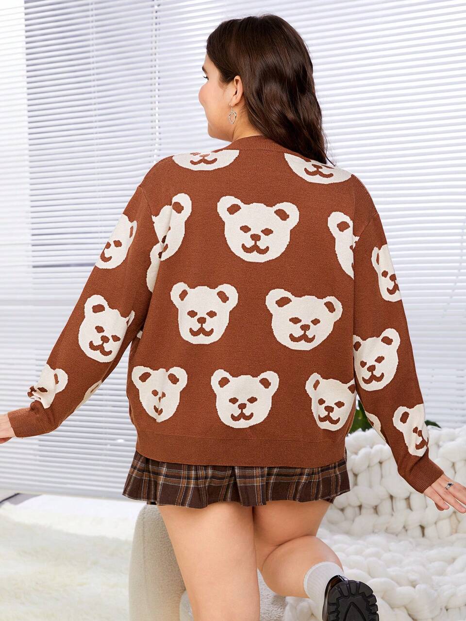 Plus Size Cardigan With Teddy Bear Pattern