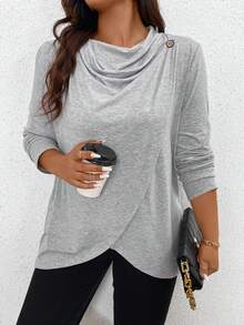 SHEIN LUNE 大碼純色v領鈕扣t恤 - 灰色 - 查看 6