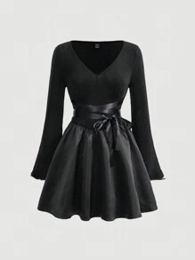 SHEIN MOD Deep V-neck Front Tie Dress - Black - View 1