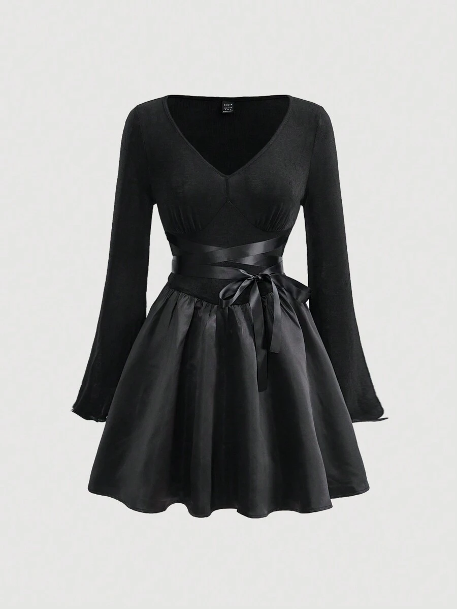 SHEIN MOD Deep V-neck Front Tie Dress - Black - View 1