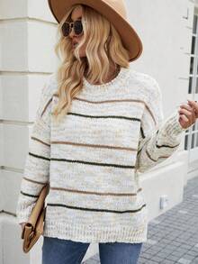 SHEIN Frenchy Suéter De Mujer Con Cuello Redondo, Rayas Y Hombros Caídos - Multicolor - Ver 5