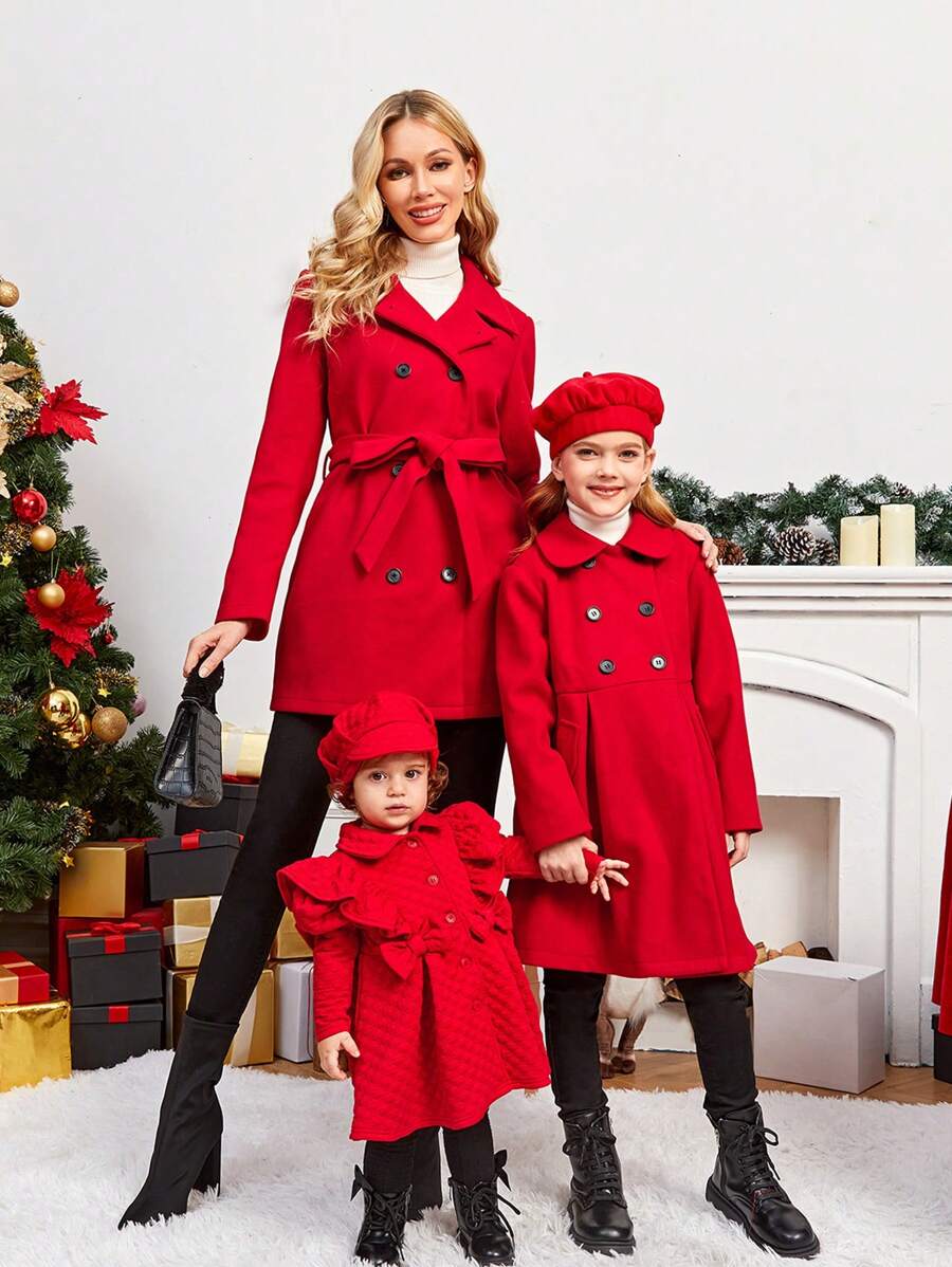 SHEIN Baby Girl Ruffle Trim Fold Pleated Coat & Hat For Christmas Mommy&Me Matching (3 Pieces Are Sold Separately) - Red - View 1