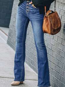 鈕扣開衩喇叭褲 - 深色水洗藍 - 查看 6