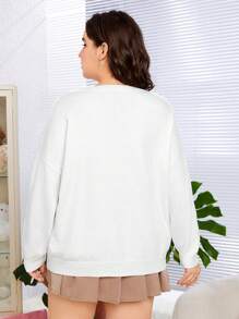 SHEIN EZwear Plus Size Women's Drop Shoulder Sweater With Little Bear Embroidery - White - View 3