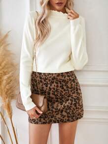 SHEIN Privé 純色蕾絲領長袖毛衣 - 米色 - 查看 1