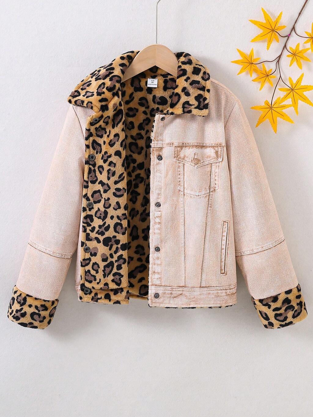 Girls' Casual Shirt Collar Type Denim Effect Plus Maori Leopard Print Jacket Medium Thickness