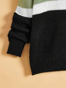 SHEIN 青少年男孩鬆身長袖連帽條紋毛衣,顏色塊運用,適合休閒穿著 - 綠色 - 查看 3