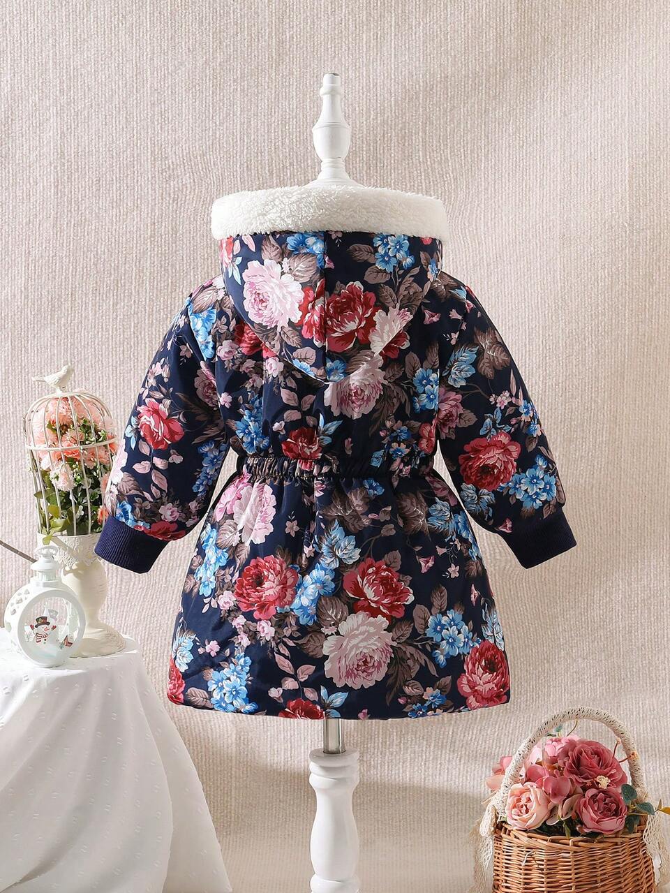 Baby Girls' Floral Printed Plush Lined Hooded Coat With Trim