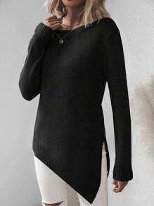 SHEIN Solid Color Asymmetrical Hem Drop Shoulder Sweater,Long Sleeve Tops Knit Pullover Fall Winter Sweater - Black - View 5