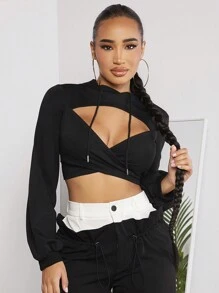SHEIN SXY 女款十字剪裁鬆緊繩帽黑色運動衫 - 黑色 - 查看 4