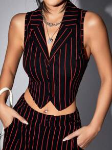 SHEIN ICON 女士條紋西裝背心 - 黑色 - 查看 1