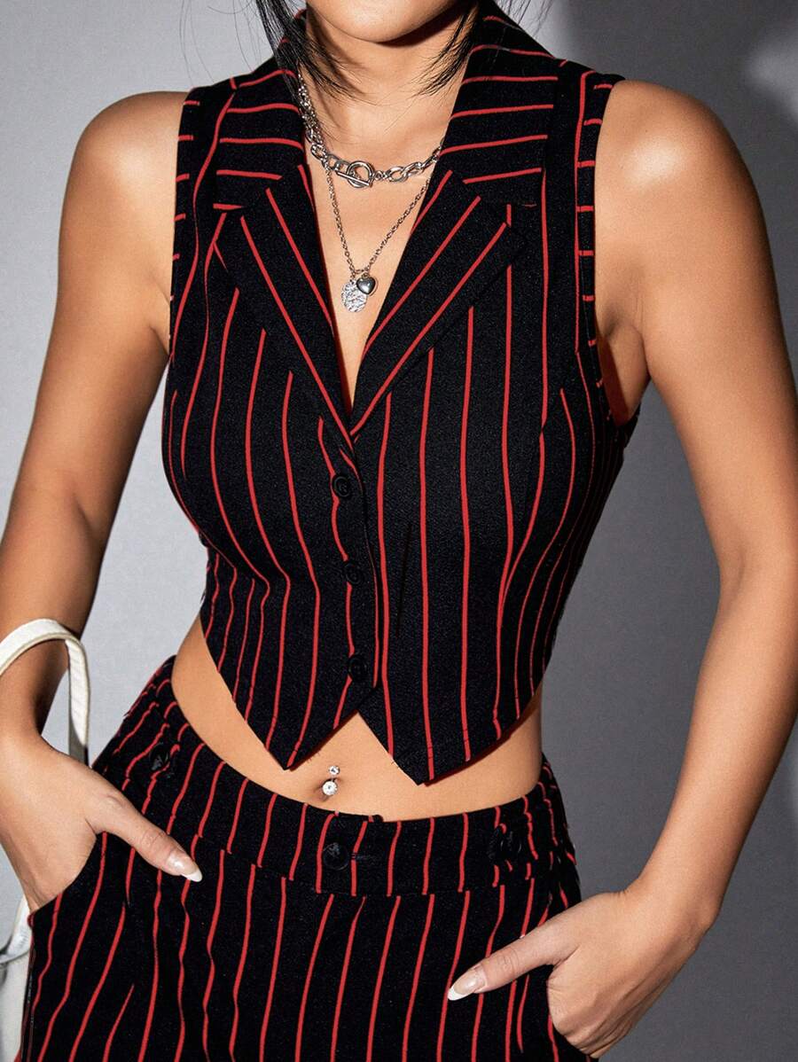 SHEIN ICON 女士條紋西裝背心 - 黑色 - 查看 1