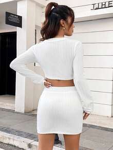 SHEIN Qutie Của phụ nữ Đơn giản giản dị Cổ chữ V Áo len Mở Và Bộ váy - trắng - Xem 2