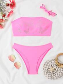 Swim Mod Women's Butterfly Print Bikini Set With Rhinestone Detail - Pink - View 4