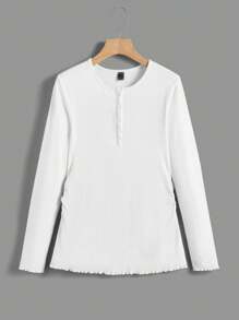 SHEIN Thai sản Nút Nửa Ren Mộc nhĩ Áo thun - trắng - Xem 7