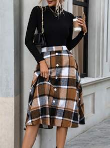 SHEIN LUNE 格紋連結裝飾中長裙 - 卡其色 - 查看 3