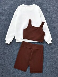 少女運動針織圓領長袖衛衣,附背心和短褲 - 白色 - 查看 2