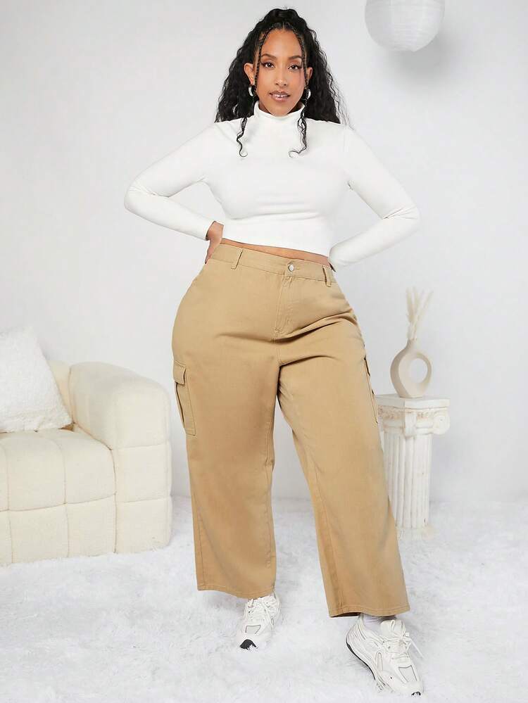 Women's Plus Size Wide-leg Jeans With Side Flap Pockets
