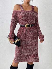 SHEIN LUNE Abito maglione con spalle scoperte orlo a fessura senza cintura - Moka Marrone - Visualizzare 4