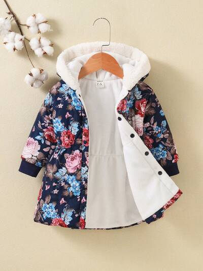 Baby Girls' Floral Printed Plush Lined Hooded Coat With Trim