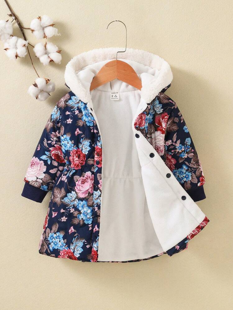 Baby Girls' Floral Printed Plush Lined Hooded Coat With Trim
