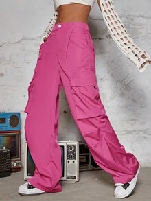 翻蓋口袋褶邊闊腿工裝褲 - 玫紅色 - 查看 4