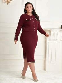 Modelyn Ensemble deux pièces avec un cardigan avec détail de rabat et une jupe tricotée avec bordure rayée - Rouge foncé - Voir 5