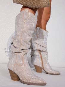 SHUZIA Đồ trang trí Rhinestone Pointy Toe Gót thô Giày ống - Rượu sâm banh - Xem 4