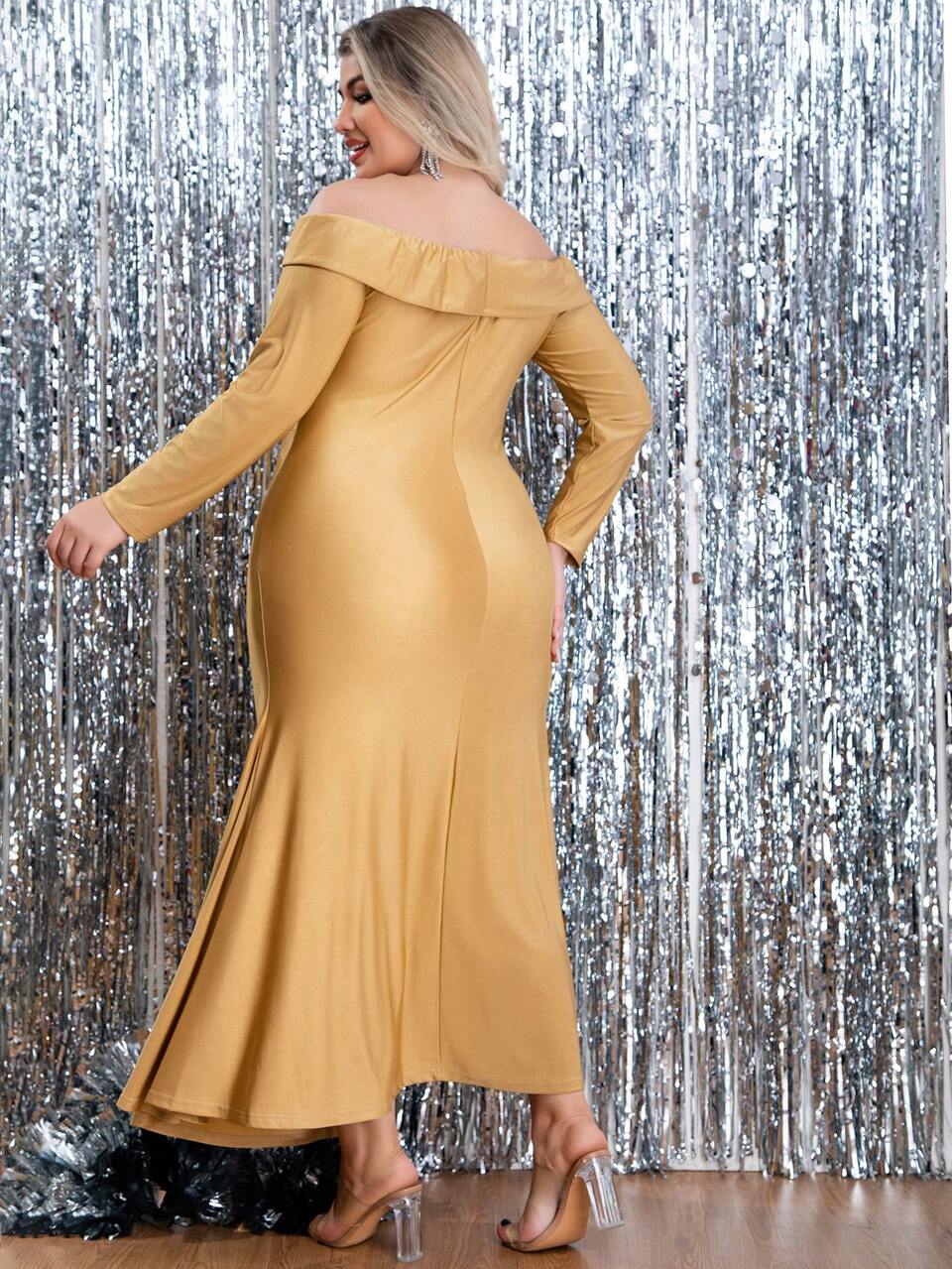 Plus Size Off Shoulder Fold & High Split Side Dress