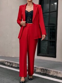 SHEIN Privé Lapel Neck Blazer & Suit Pants Without Belt - Red - View 6