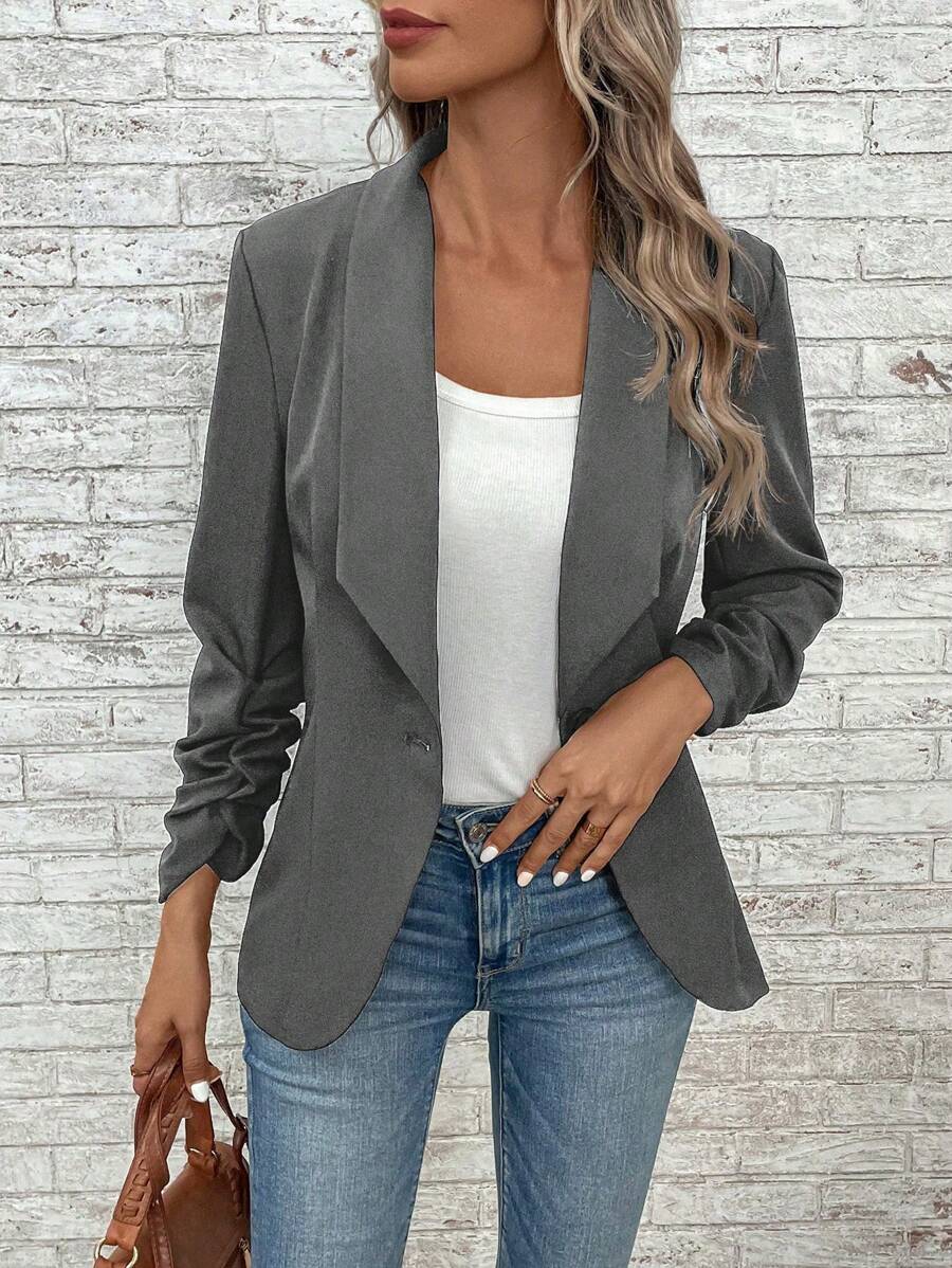 EMERY ROSE Blazer de cuello esmoquin de manga fruncido con botón - Gris - Ver 1
