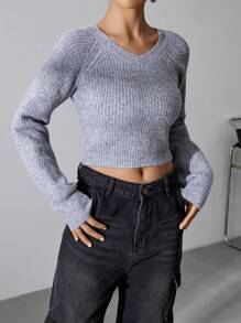 Flirla Women'S Solid Color V-Neck Sweater With Raglan Sleeves