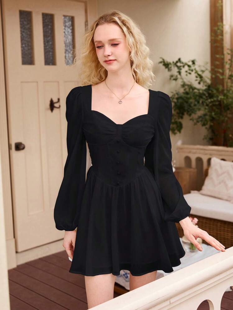 SHEIN MOD Vestido con cuello en forma de corazón y mangas farol para mujeres - Negro - Añade 3