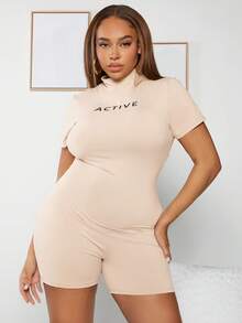 SHEIN SXY Mono De Talla Grande Para Mujeres Con Cuello Alto Y Estampado De Letras - Beis - Ver 3