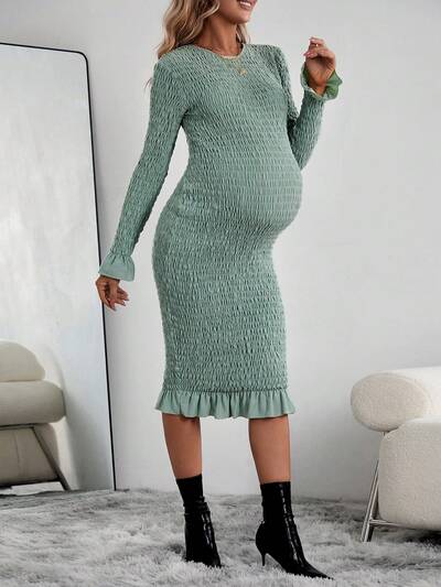 Maternity Shirred Dress With Ruffle Sleeves And Slim Hips