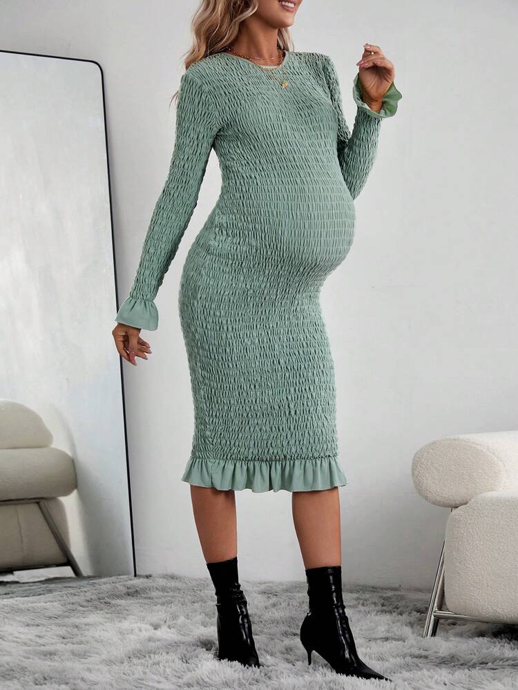 Maternity Shirred Dress With Ruffle Sleeves And Slim Hips